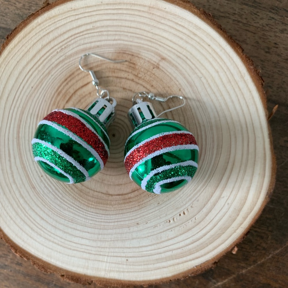 Retro Shiny Green with Red Stripe Round Christmas Ball Ornament Dangle Earrings
